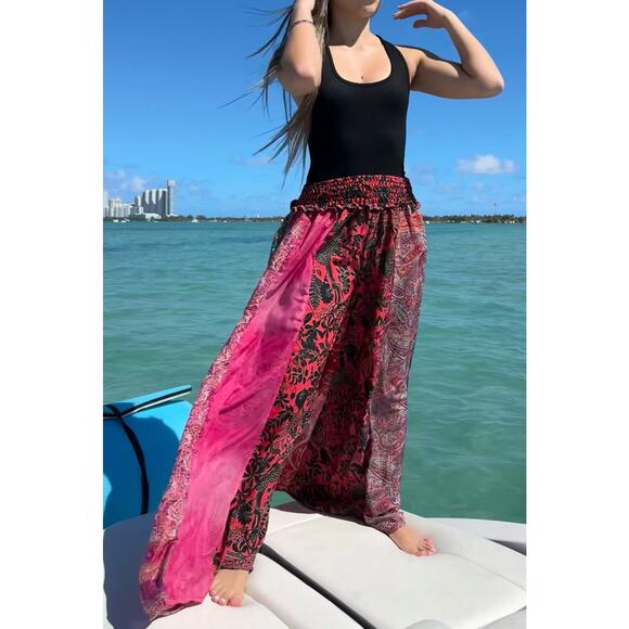 Pants - Mixed-print wide-leg trousers- One Size